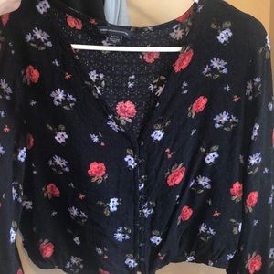 flowy, flower shirt with black red and white